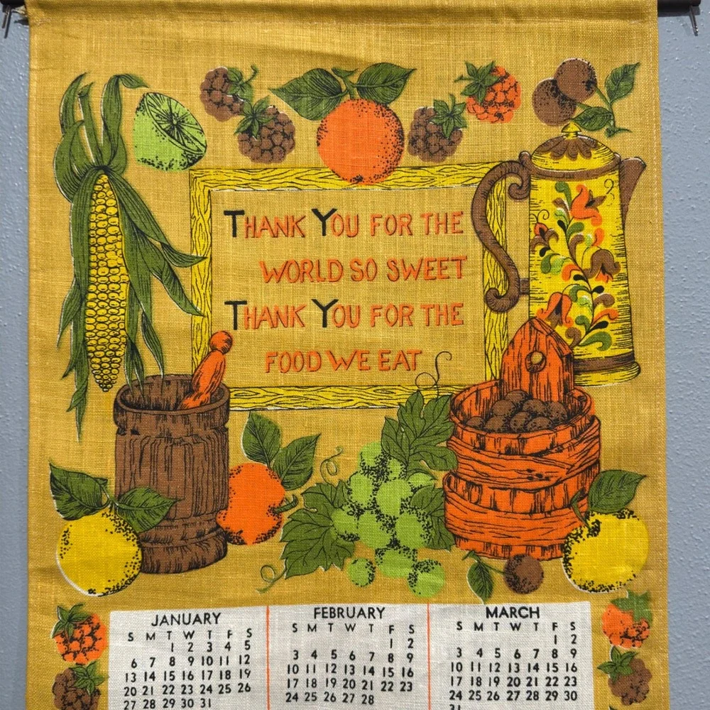 Vintage 1974 Linen Calendar Wall Hanging Harvest Fruit Kitchen Decor 16x28.5